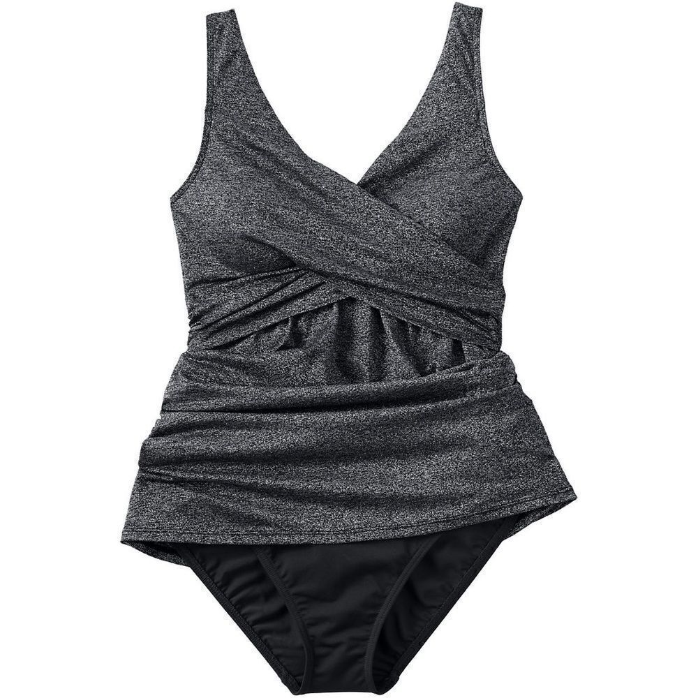 Land's End Swimsuit Dress slender suit V neck wrap One piece Metallic Gray 12 - Picture 2 of 7